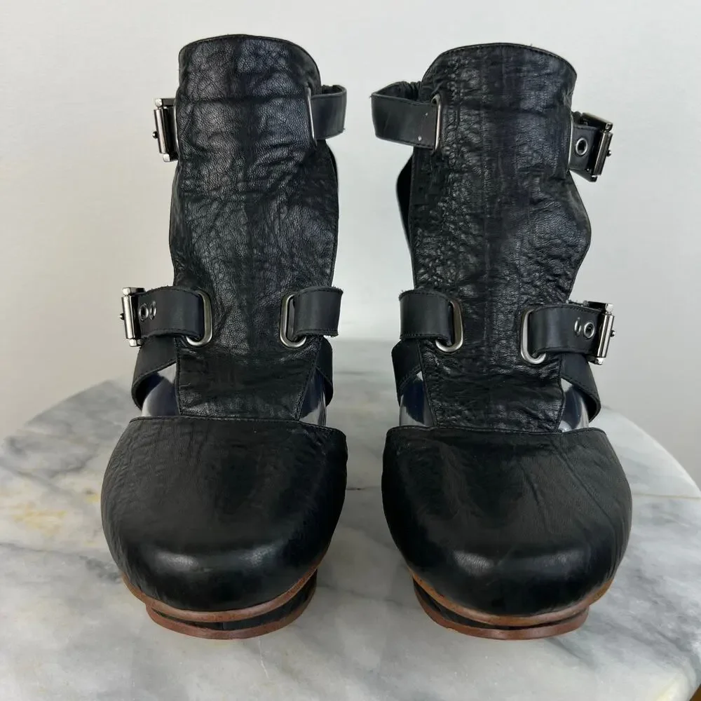 January, 6th Black Leather Buckle Platform Wedges Grunge Gothic Edgy (Sz 10)